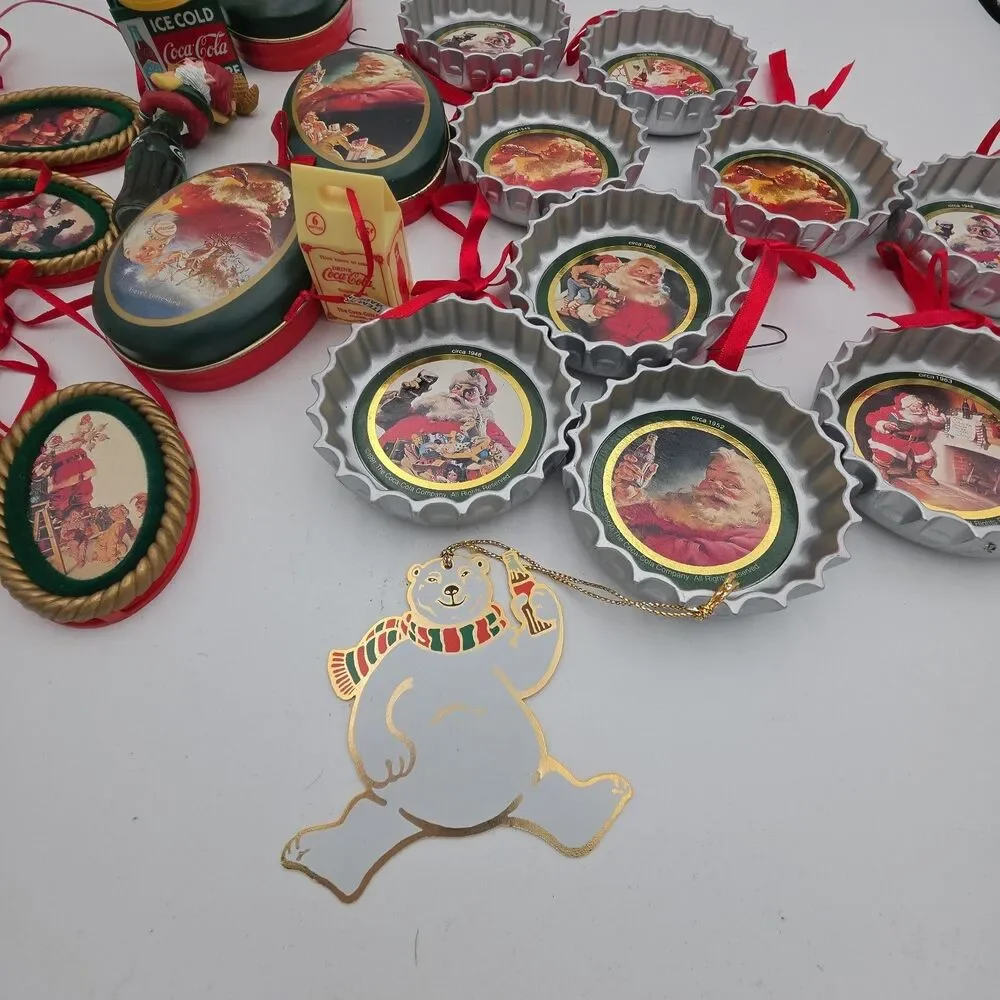 Lot of 23 Vintage Coca-Cola Christmas Ornaments Santa Bottle Cap Oval Coke Holid